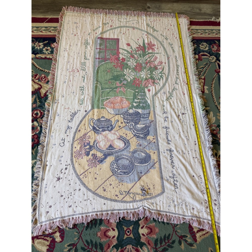 Vintage D Morgan Tea Time Woven Tapestry Throw Blanket Cottagecore Fringe 69x46